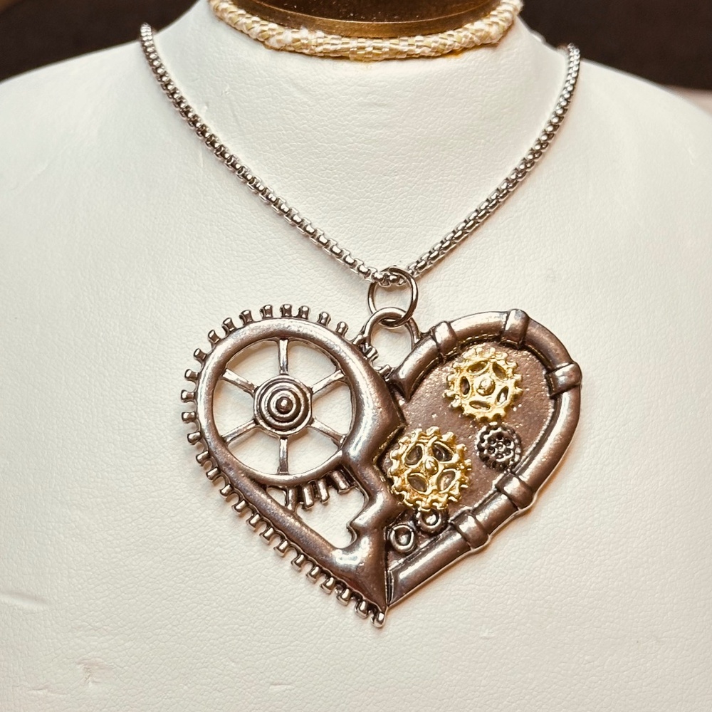 Stainless Steel Chain Large Steam Punk Heart Pendant 2-Tone Gears